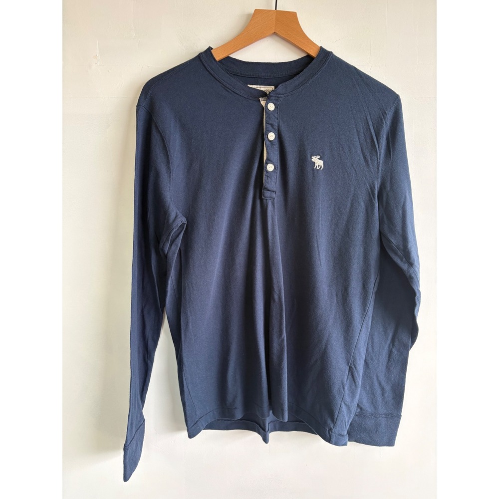 Abercrombie & Fitch Mens Navy Blue Long Sleeve minimalist Henley Shirt Logo S